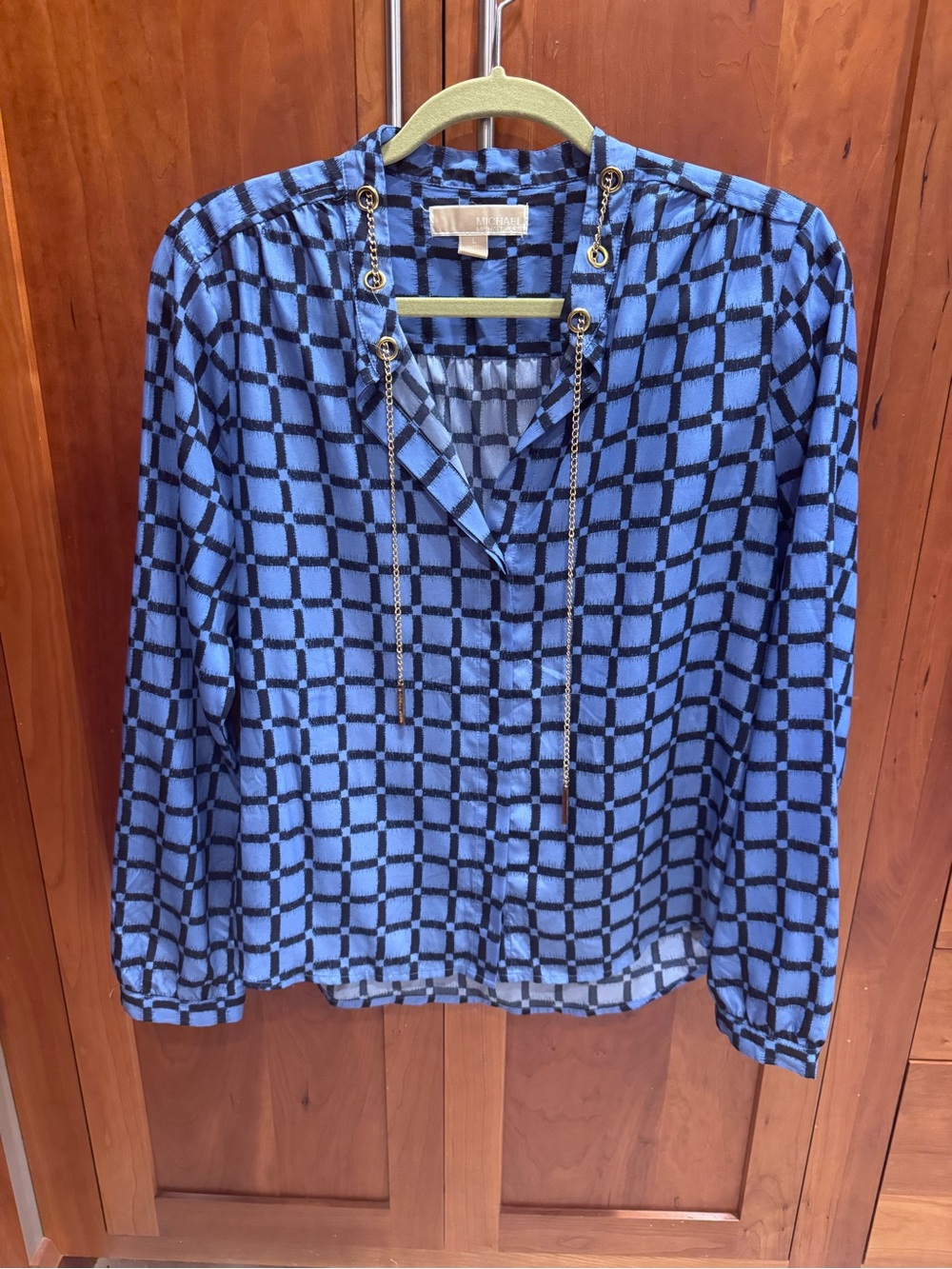 Michael Kors Blue and Black Geometric Long-Sleeve Blouse with Chain Detail